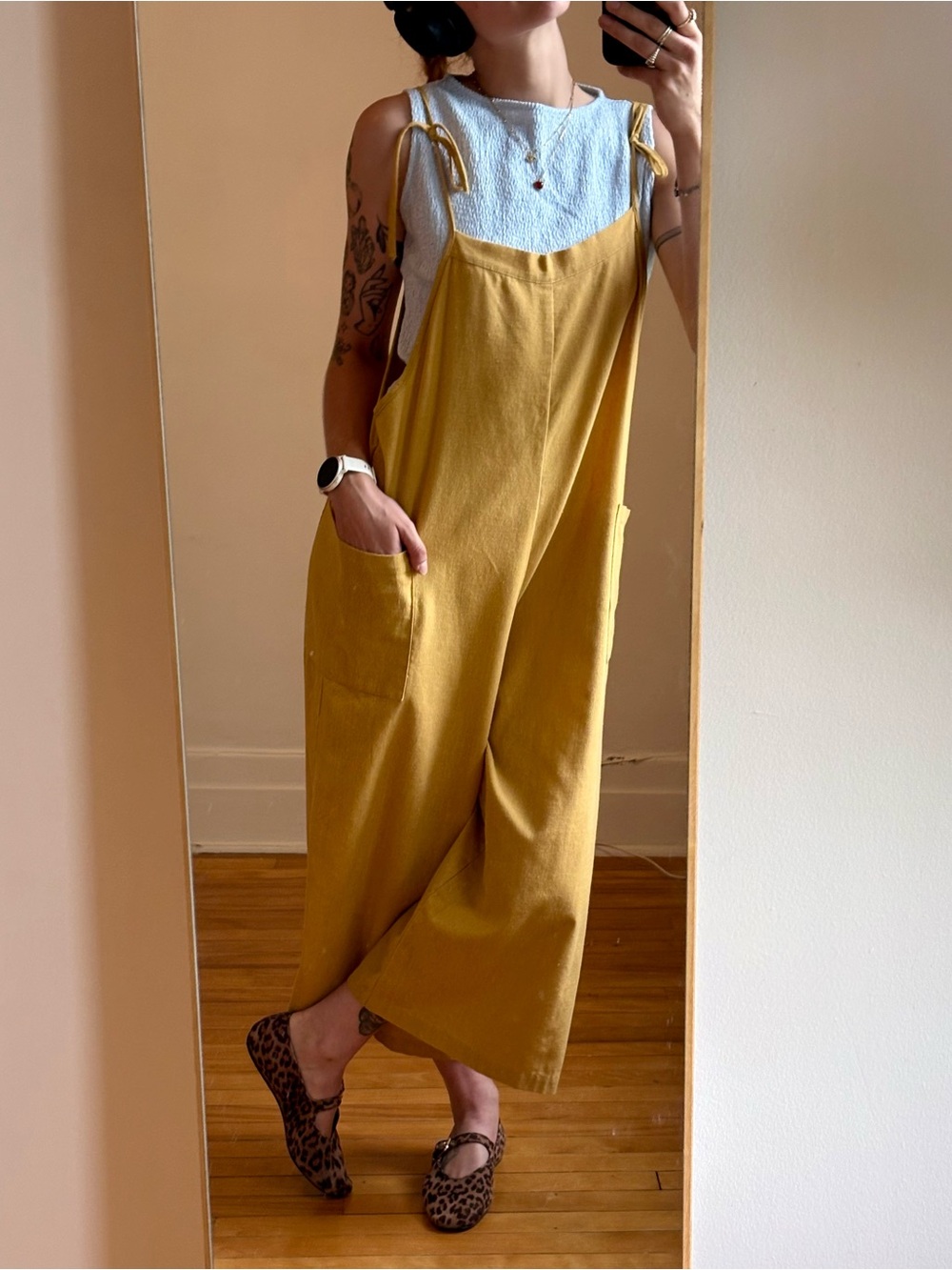 FAVLUX Mustard Tie-Shoulder Loose Wide-Leg Jumpsuit